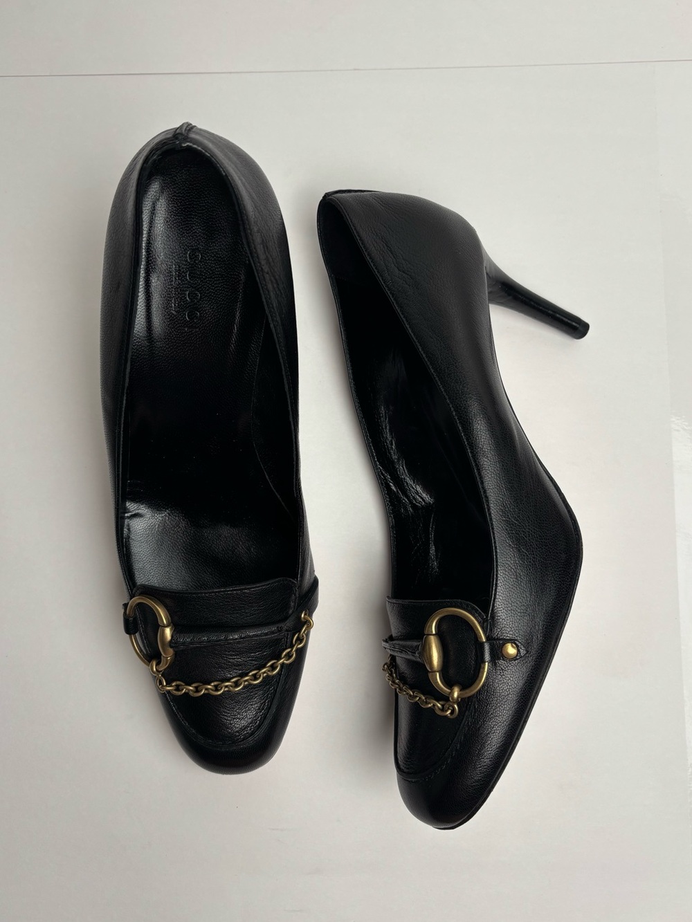Vintage Gucci GG Monogram Horsebit Chain Mule Loafer Heels Y2K Black 7.5